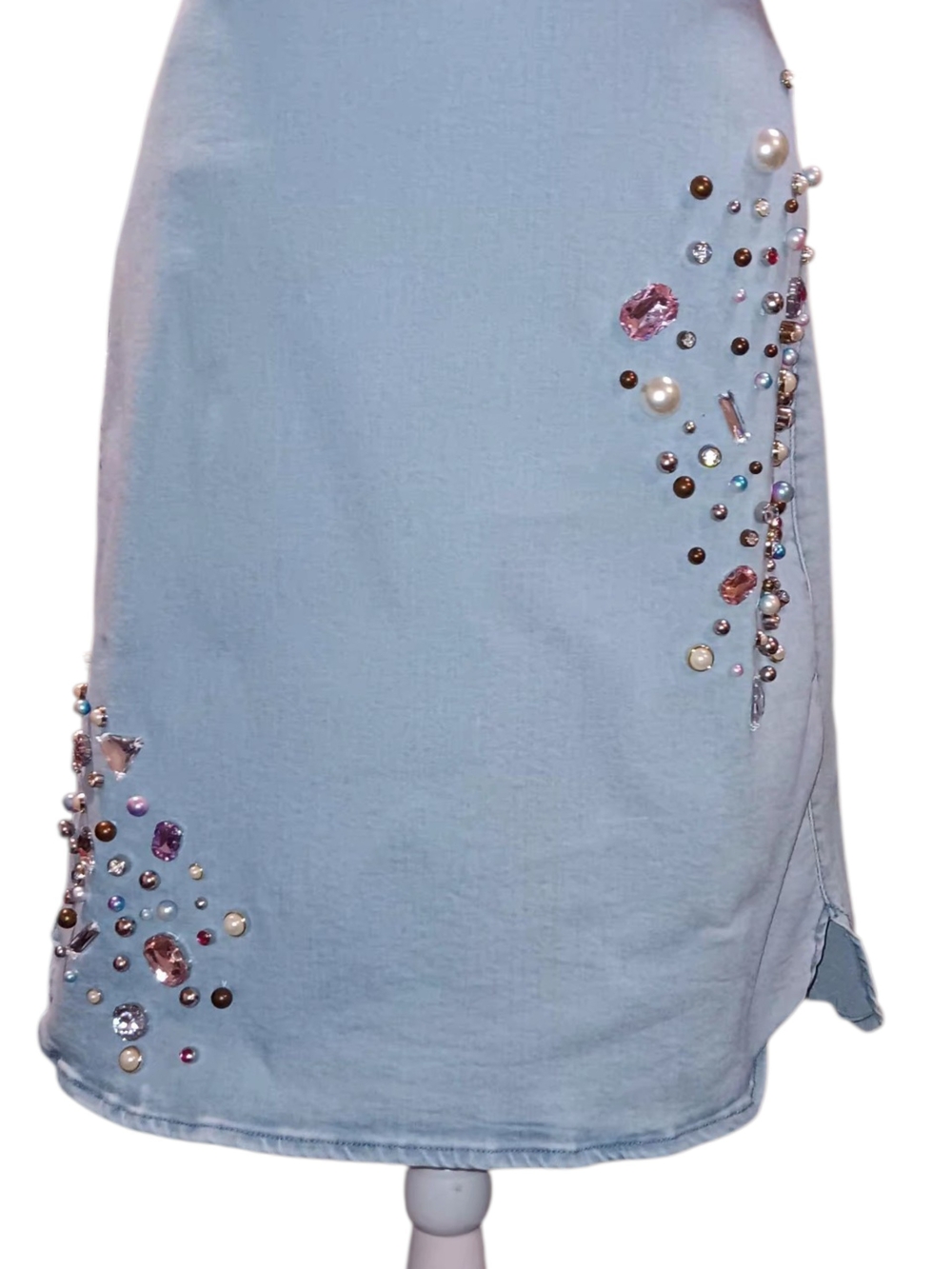 V Cristina Light Blue Denim Midi Skirt with Pearl & Crystal Accents